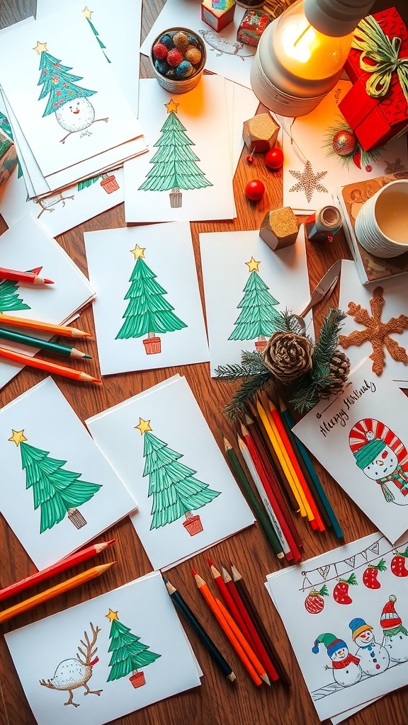 A creative workspace with Christmas card drawings and art supplies.